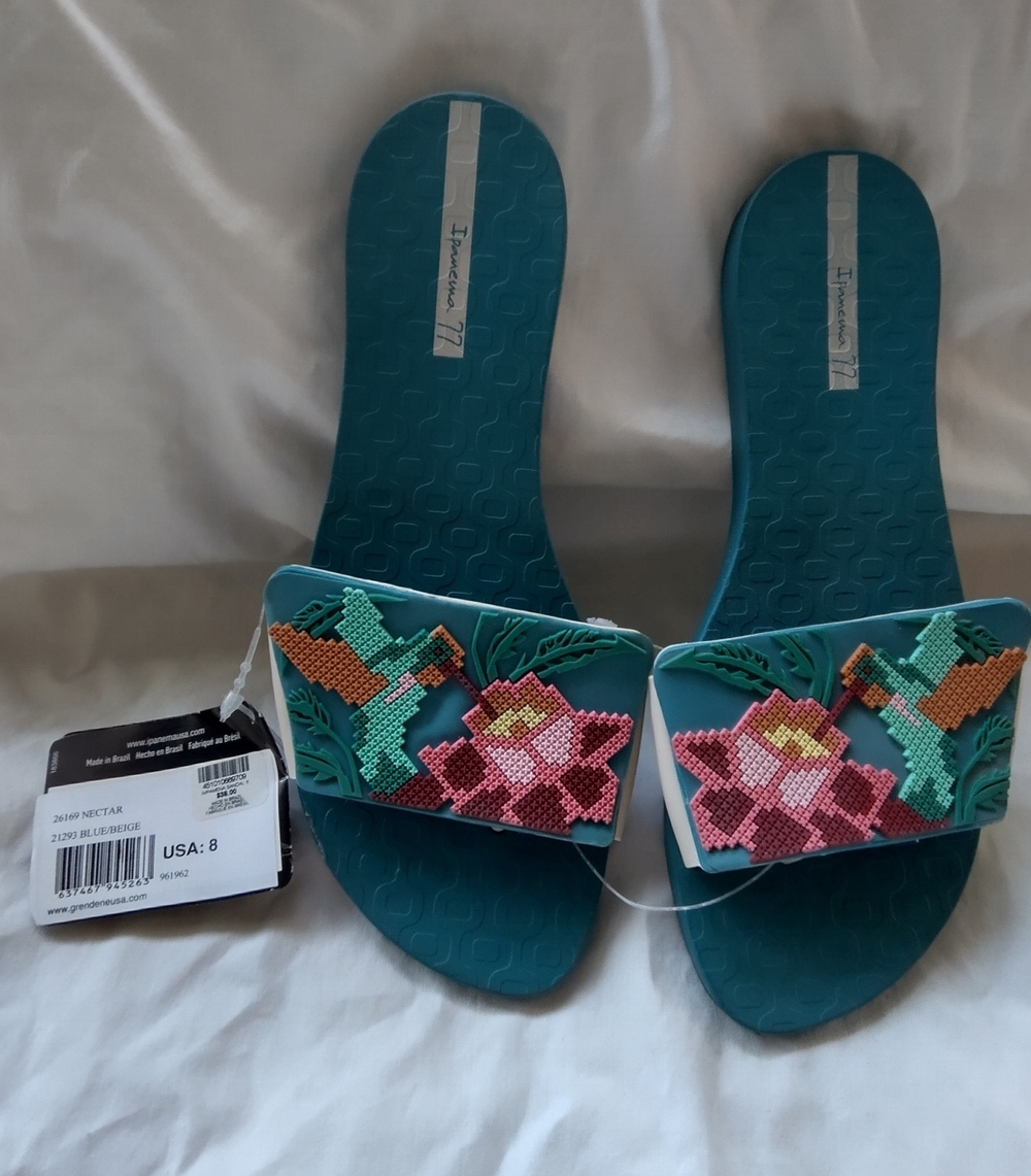 Ipanema 'Nectar' Teal Pool Slides with Hummingbird & Floral Faux Crosstitch